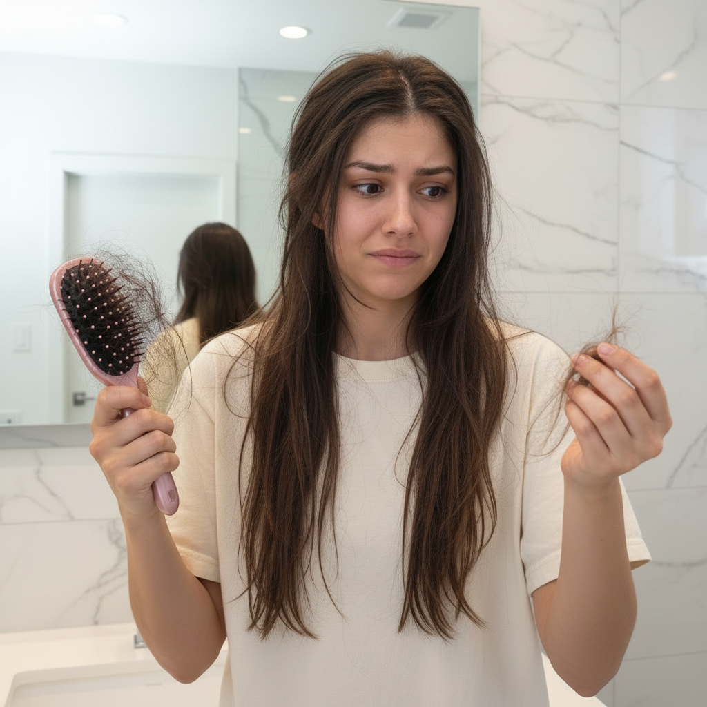 Girl with soft concerned expression and hairbrush
